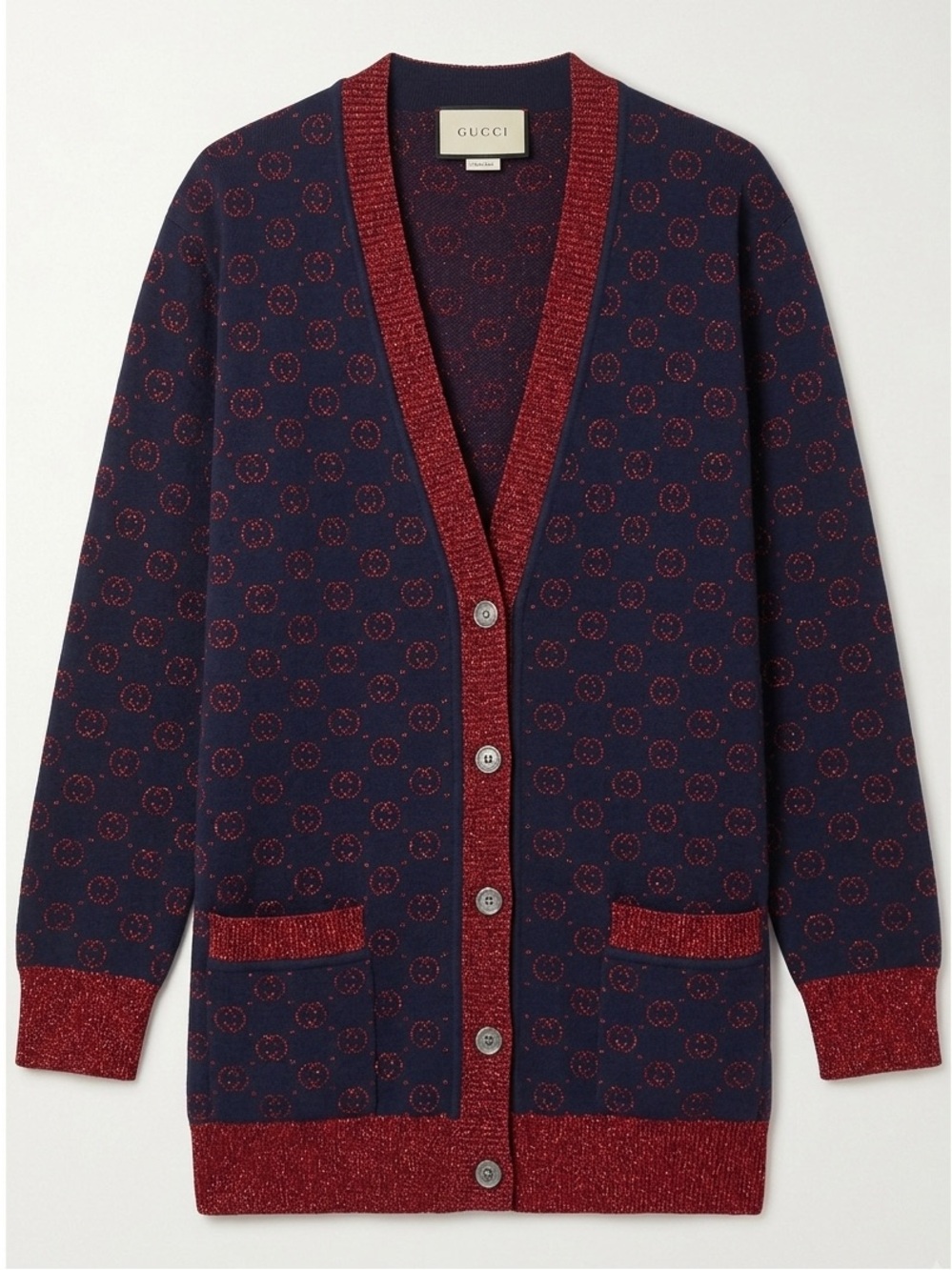 Gucci GG Lame Wool Jaquard Navy and Red Cardigan